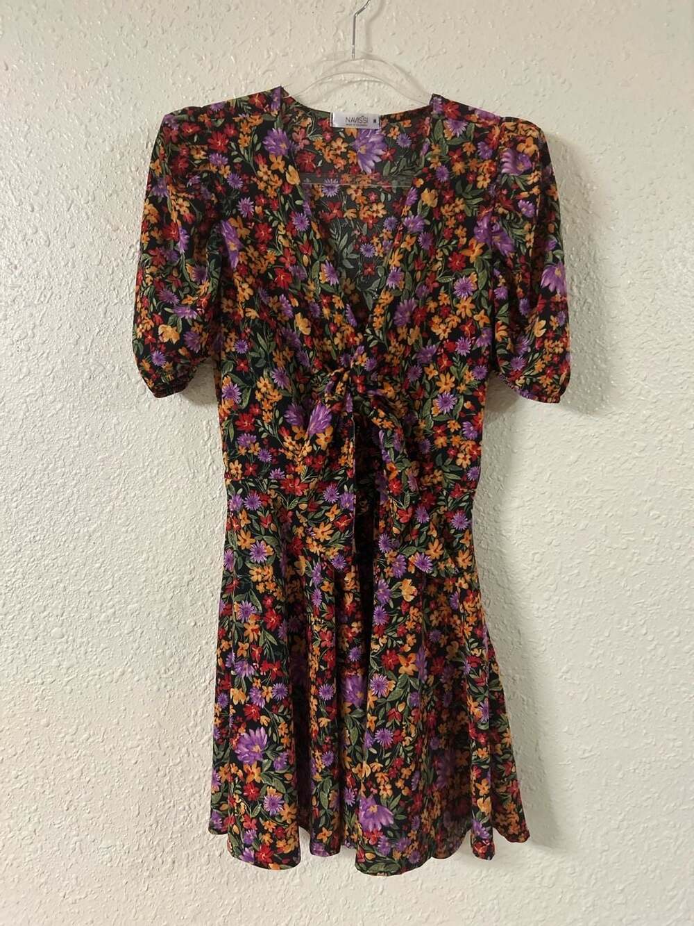 Navissi Floral Print Short Sleeve Tie-Front Mini Dress Size M
